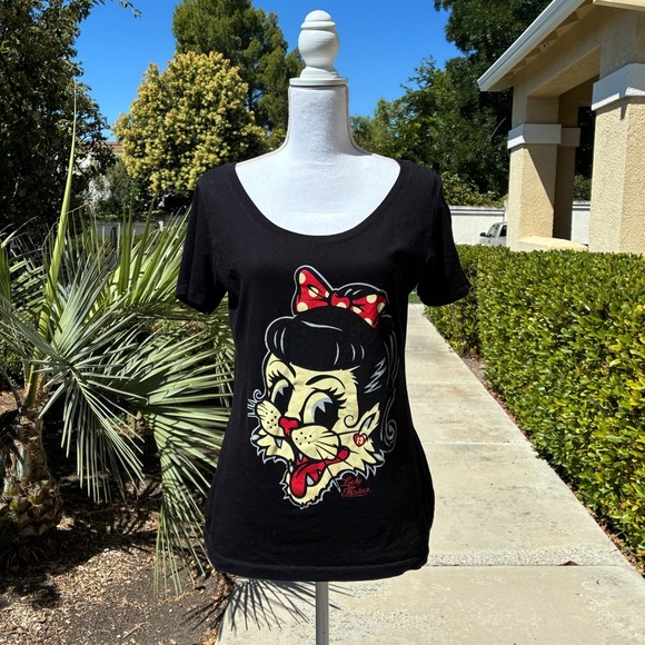 Lucky 13 Miss Alley Cat Juniors Size XL Black Scoop Neck Tee - Picture 1 of 9